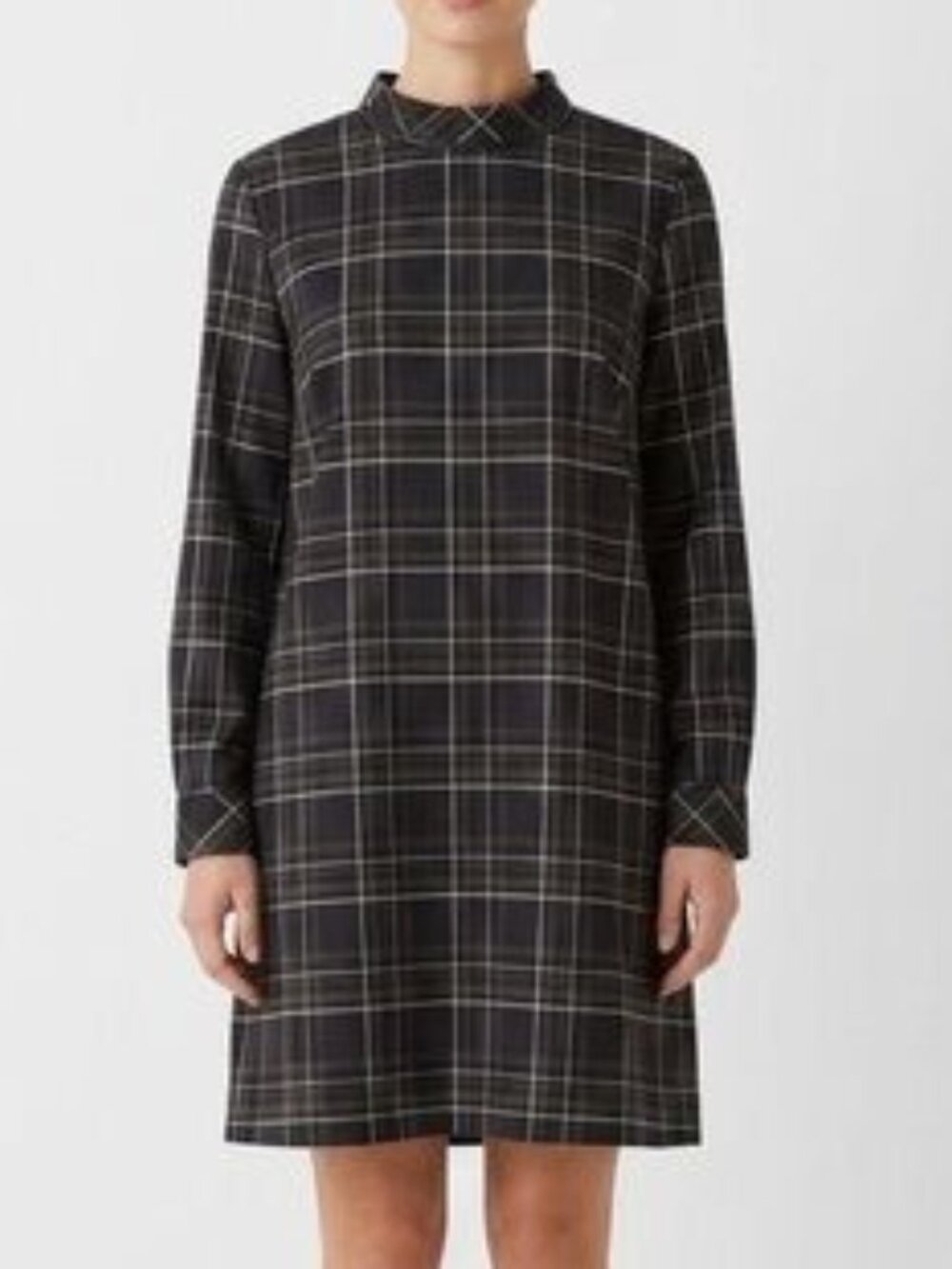 ZARA Plaid Mock Neck Shift Dress Khaki Green & Black Mini Long Sleeve L